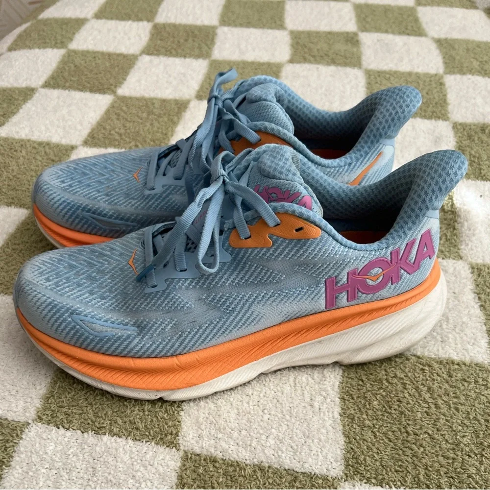 Hoka Clifton 9 Light Blue and Orange Athletic Running Shoes - Picture 1 of 7
